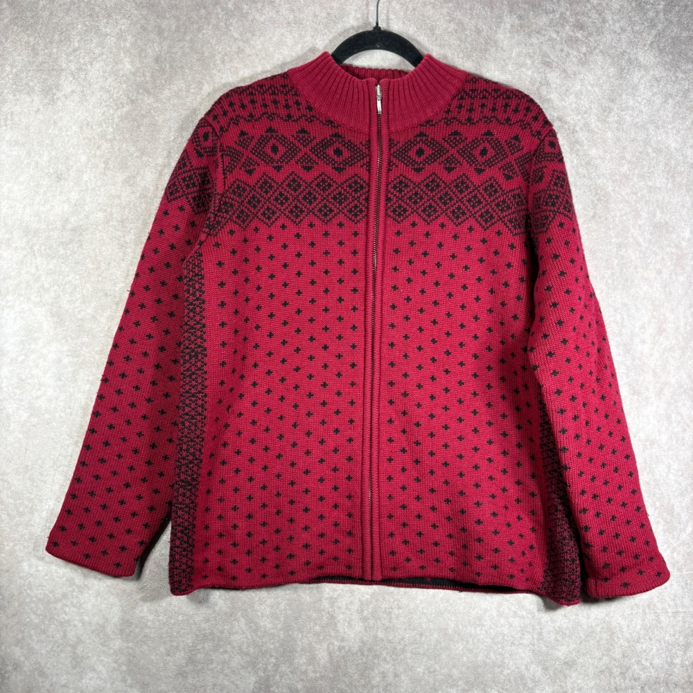 Lands End Sweater Women M Red Full Zip Nordic Fair Isle 100% Wool Winter Cottage
